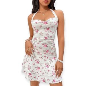 Floral Print Halter Neck dress ladies NWT medium tiered ruffles skirt mini Dress